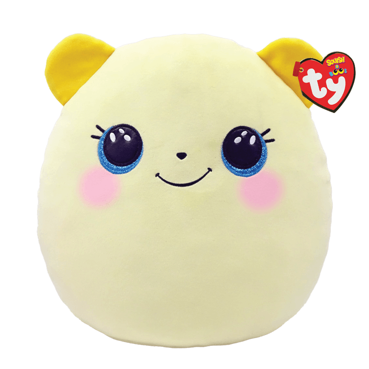 Yellow squishy bear with dark yellow ears and blue eyes with pink cheeks and a black printed smile. 