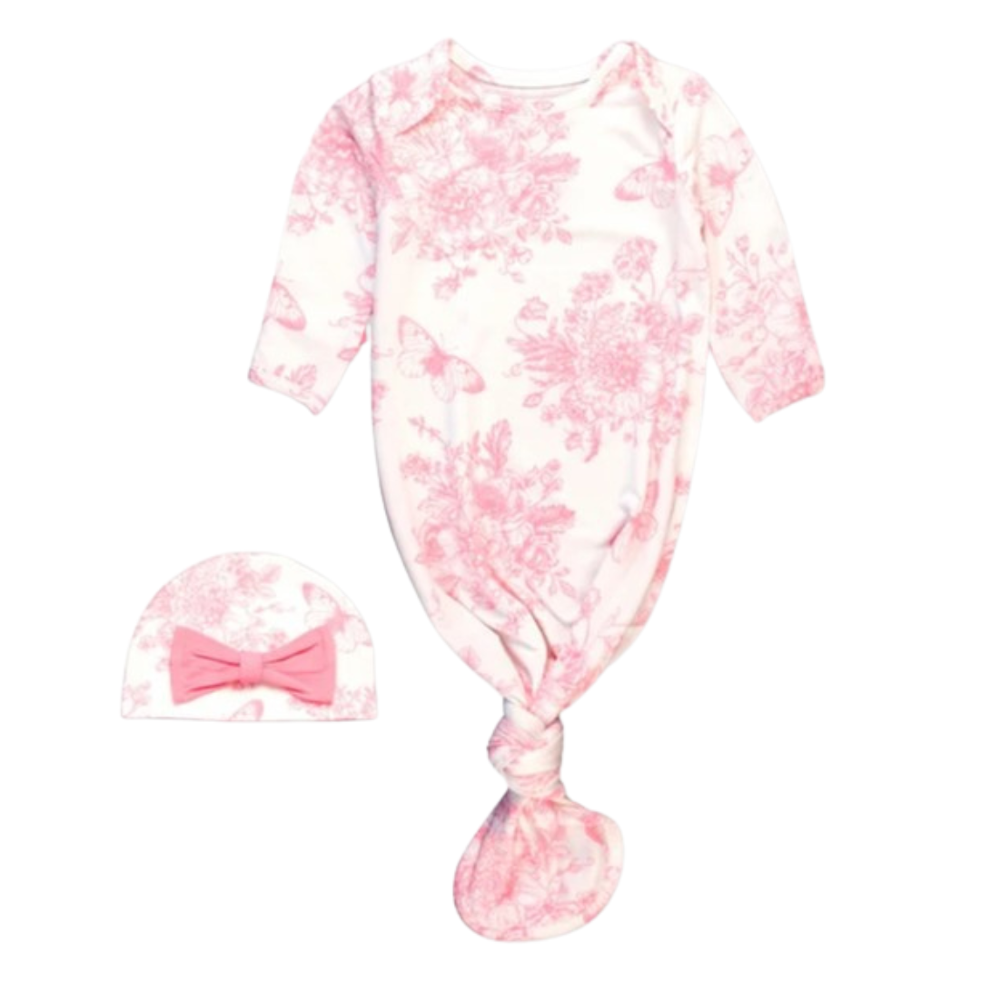 Butterfly Garden Toile Ruffle Knotted Sleep Gown and Hat