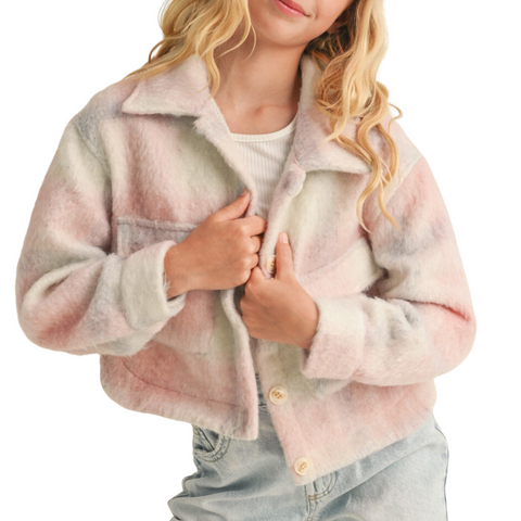Cropped thick collared jacket with pink and blue faded plaid. has buttons and pockets on the front. 