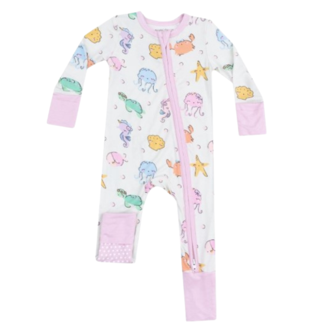 Light green romper with pink zipper and fold over sleeve with different colored sea life creatures print