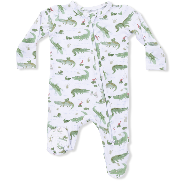 baby footie with 2 way zipper and alligator print on white
