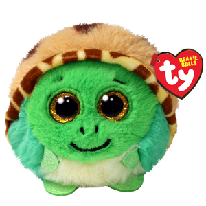 Green turtle with brown shell and sparkly yellow beaded eyes. 