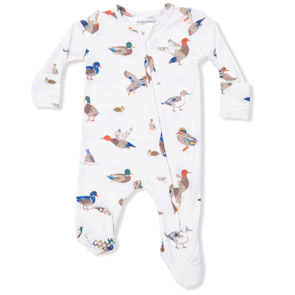 baby footie with two way zipper and mallard duck print on white
