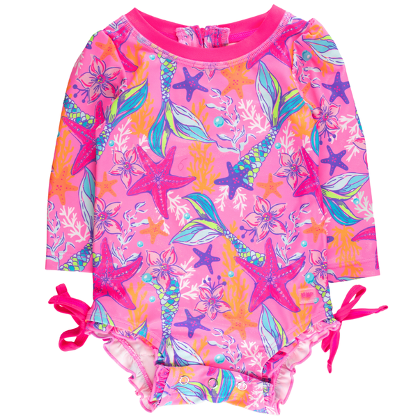 Pink long sleeve mermaid one-piece swimsuit with starfish print, side bows, and snap bottom.