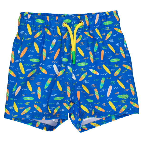 Blue and white seersucker baby girl bubble swimsuit with pink polka dot bows and ruffle accents.