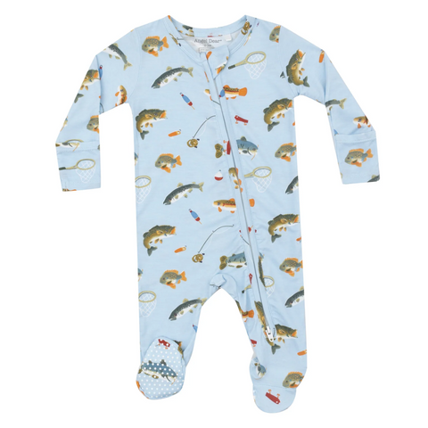 baby footie with two way zipper with bass fishing print

