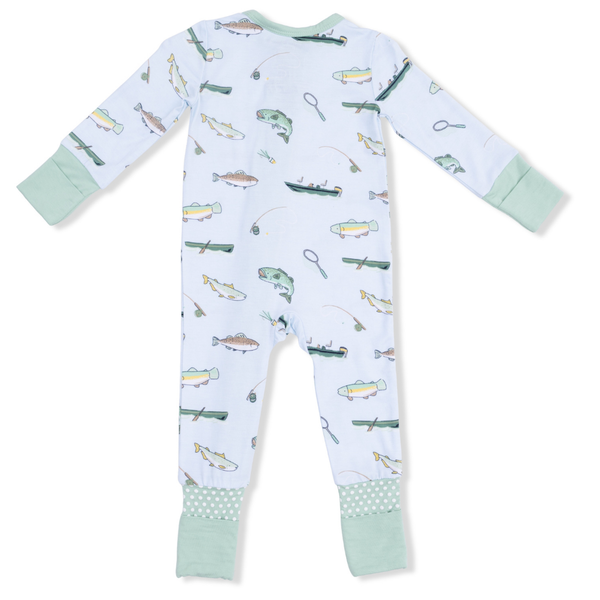 Baby onesie with fishing-themed print on a white background