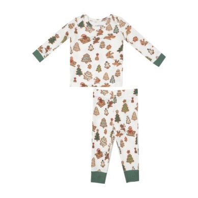 White and green two piece pajamas with gingerbread and sleigh