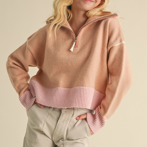 two tone quarter zip super soft sweater in peach with pink ribbed waistband and sleeve cuffs and a sailor style sweater.