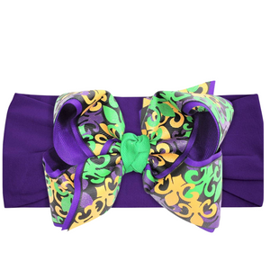 WIDE PANTYHOSE HEADBAND W/ MARDI GRAS- FLEUR DE LIS BOW