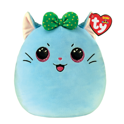 Blue cat with blue and pink ears, glittery pink eyes, with its tounge out (printed). Has green bow with yellow polka dots and black whiskers. 