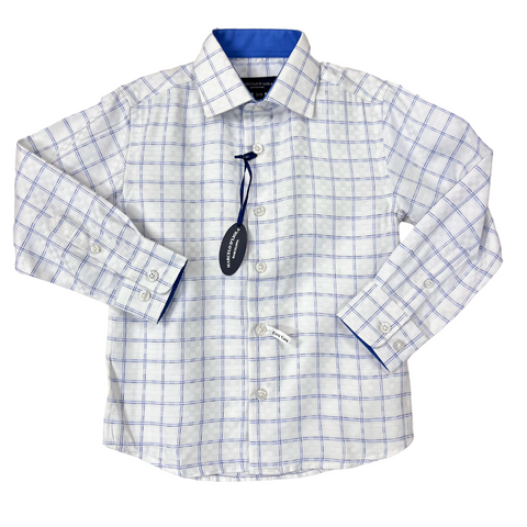 White & Blue Wide Check Button Up Dress Shirt