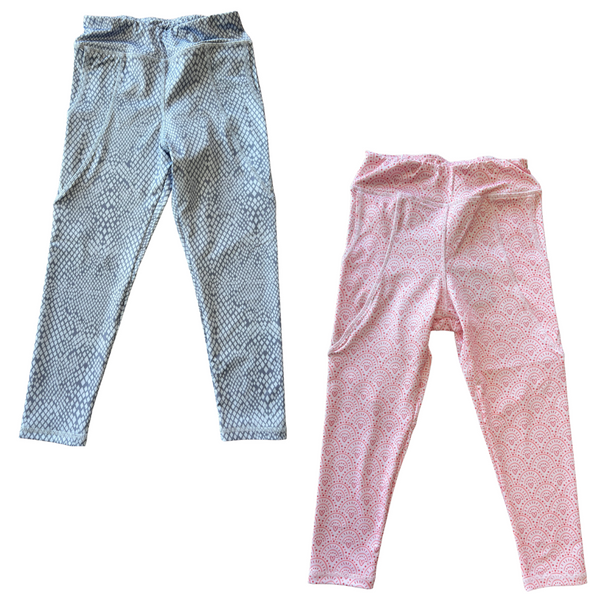 Active wear leggings pink and blue with heart and diamond design. 