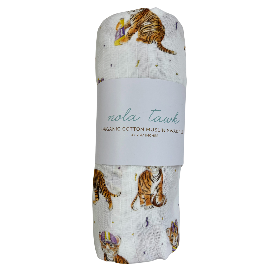 muslin swaddle blanket, 47 x 47 inches in size featuring lsu baby tigers with helmets and megaphone boy tigers and girl tigers