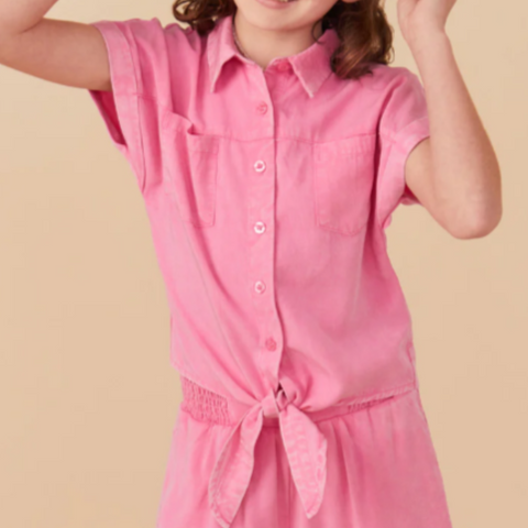 Pink Tencel Tie Front Blouse