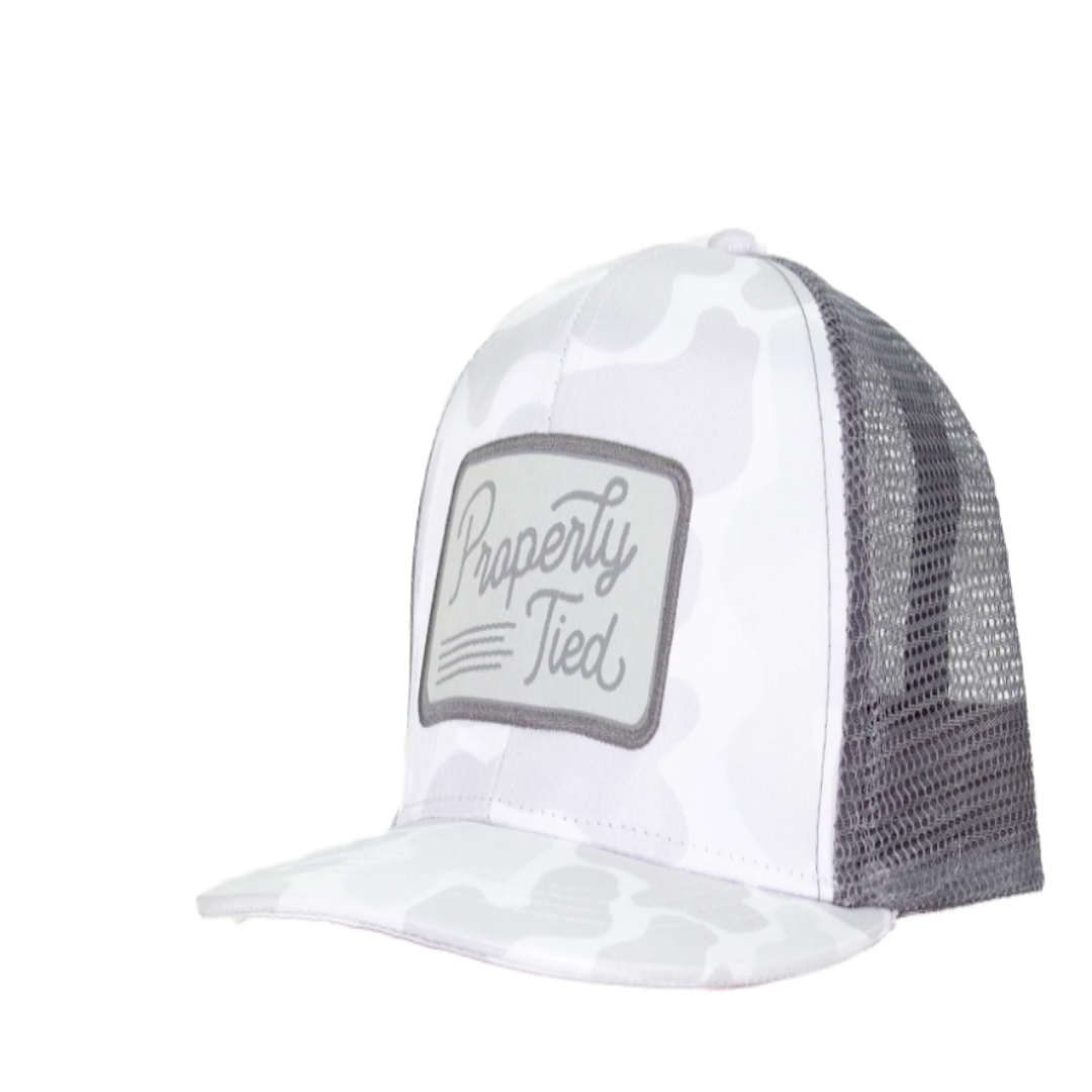 Trucker Hat, Grey Mesh, snow colored camo front with Properly Tied Patch and Grey Mesh back