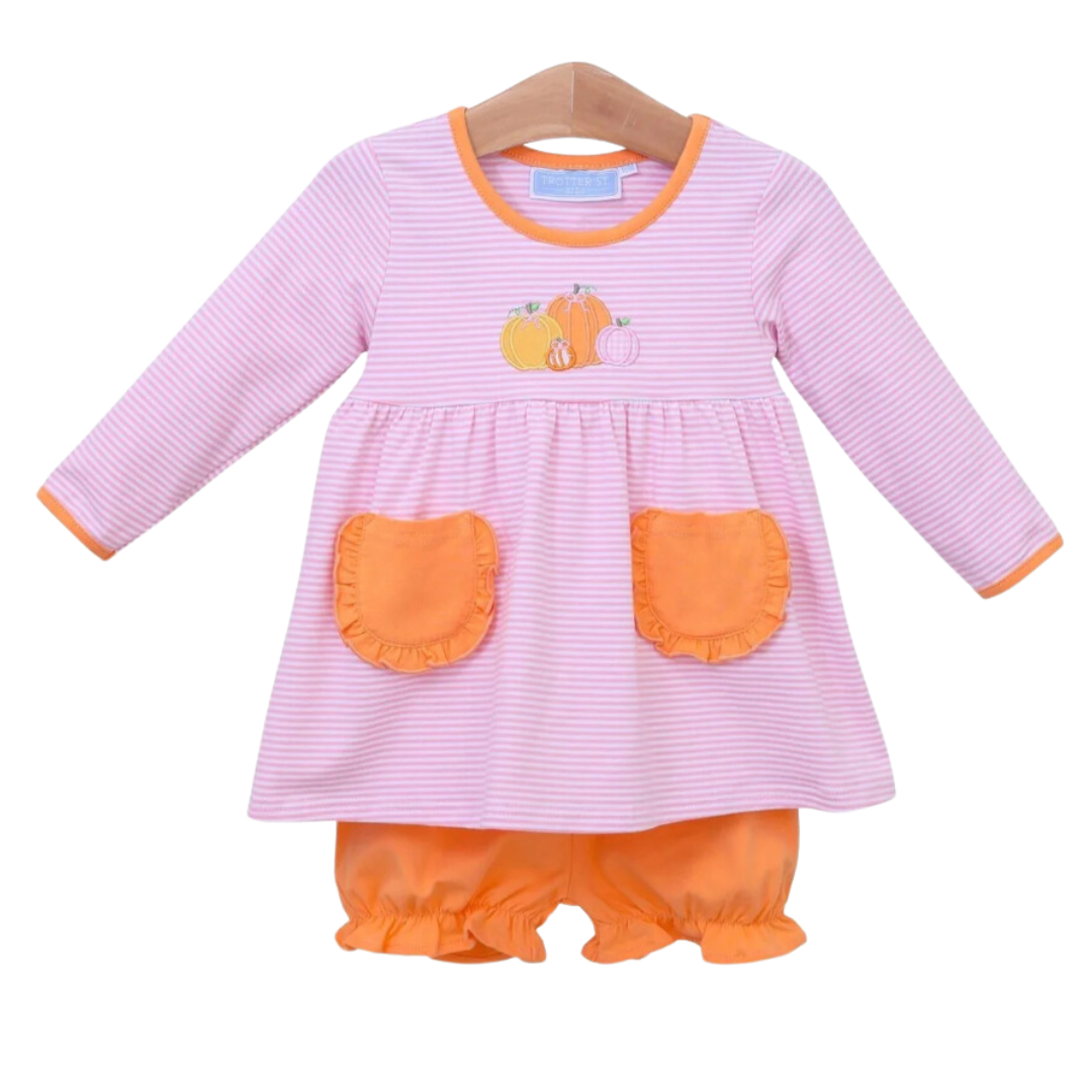 long sleeve knit pink and white stripe top with orange trim and pockets and  a 3 pumpkin applique and bloomers in the coordinating orange color
