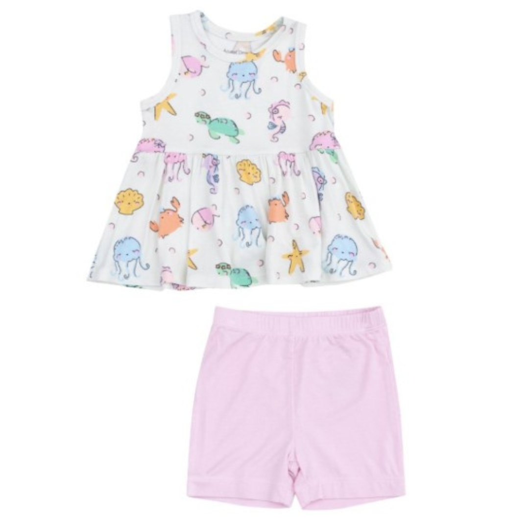 green flowy tank with sea creatures on it. have matching light pink shorts. 