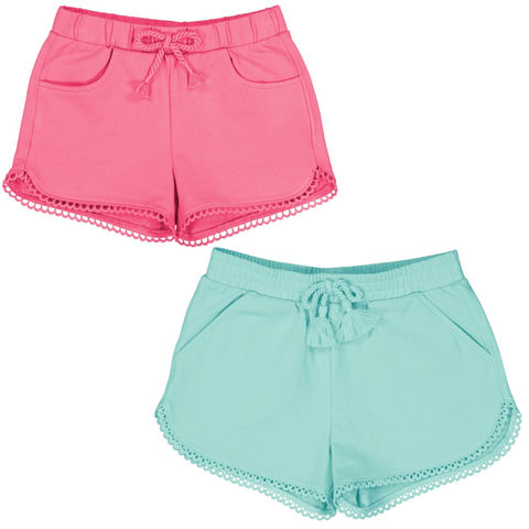 Pink and blue shorts with a tie and pockets on the front. 