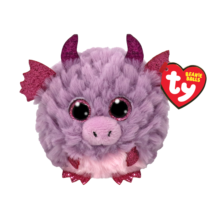Purple fluffy dragon with pink horns and wings, with sparkly pink eyes, and pink hands and feet. 