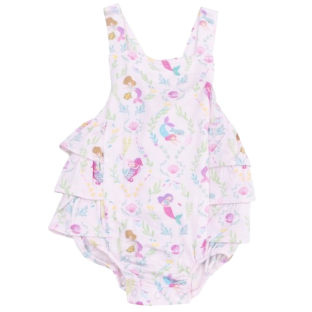 light pink ruffle sunsuit with mermaid print