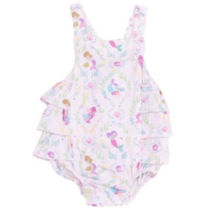 light pink ruffle sunsuit with mermaid print