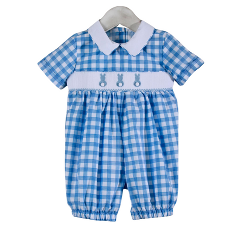 blue gingham romper with smocked bodice and three blue bunnies