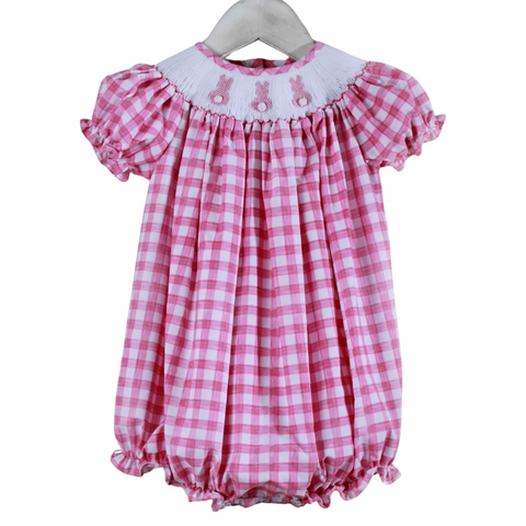 Pink gingham bubble with smocked neckline with bunnies 