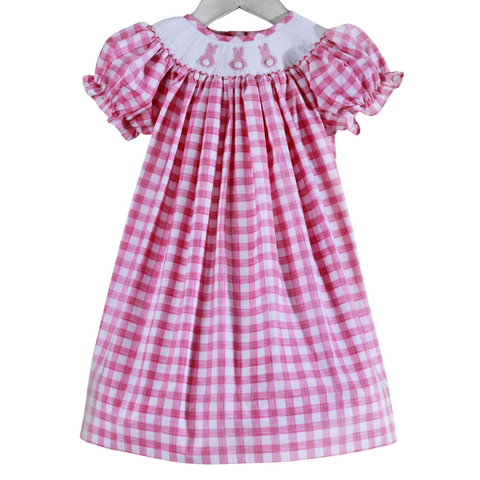 pink gingham dress with smocked neckline with three pink bunnies
