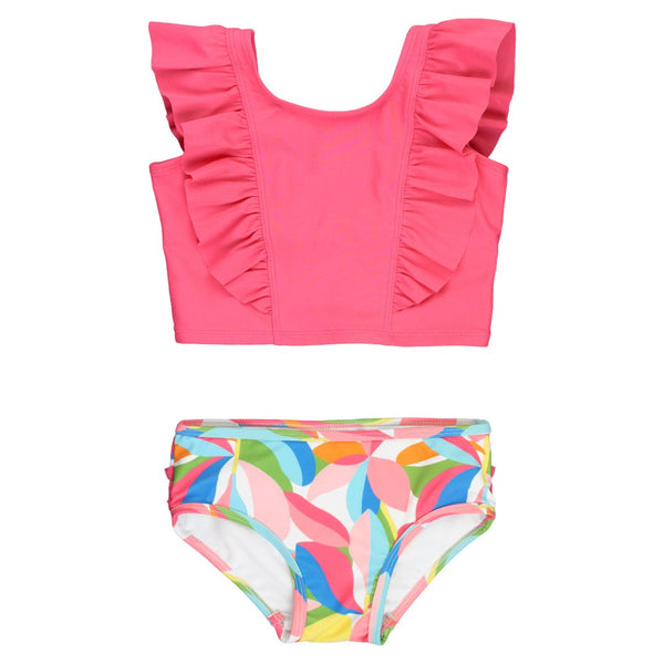 2pc tankini swim suit with pink sleeveless ruffled princess seam front and tropical floral bottom in pinks and blues