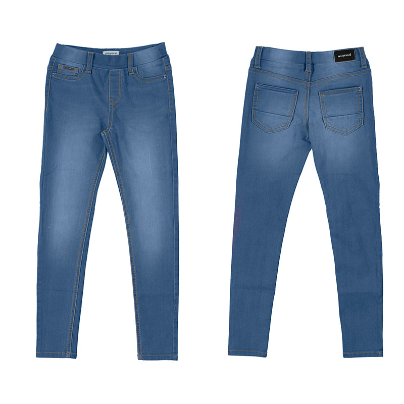 Denim jegging with elastic waist band. 