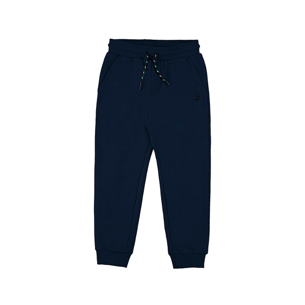 Navy blue boy fleece jogger with elastic waist, front slant pockets and back patch pocket