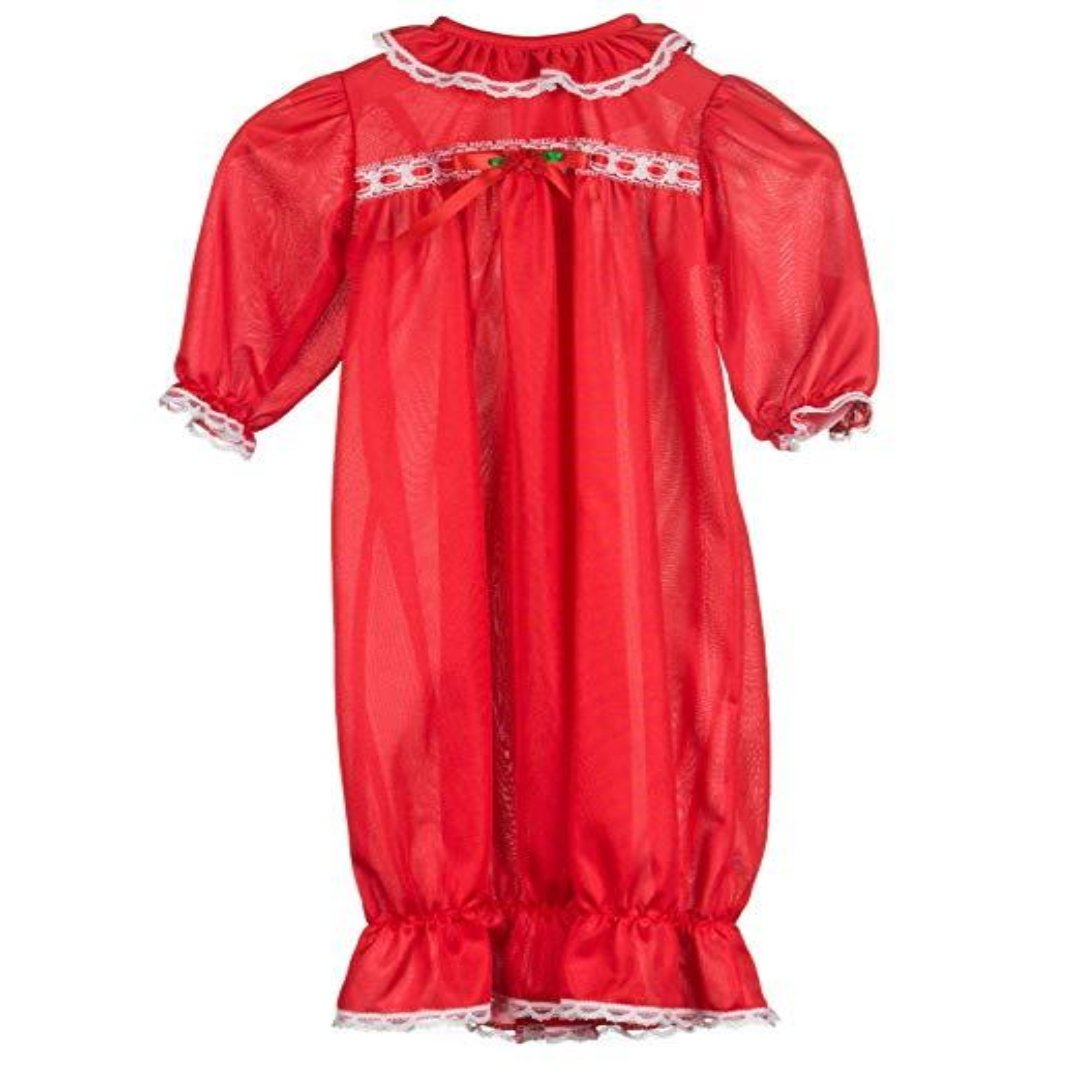 red saque with white lace and a red bow. 