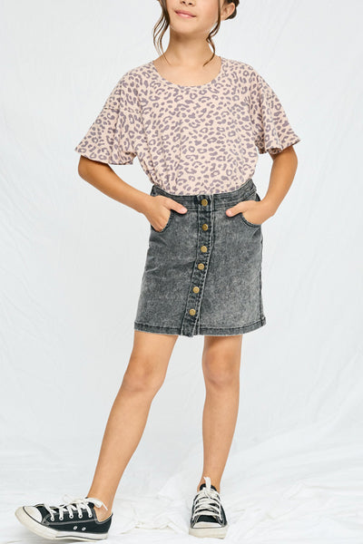 Washed Button Up Denim Skirt Black