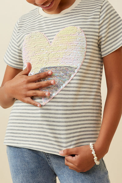 Girls Sequin Heart Patch Striped Knit Top