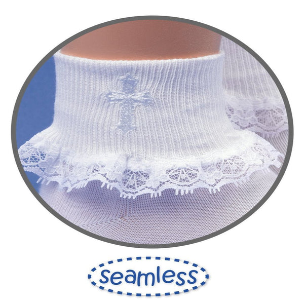 white lace socks with a stitched cross on it