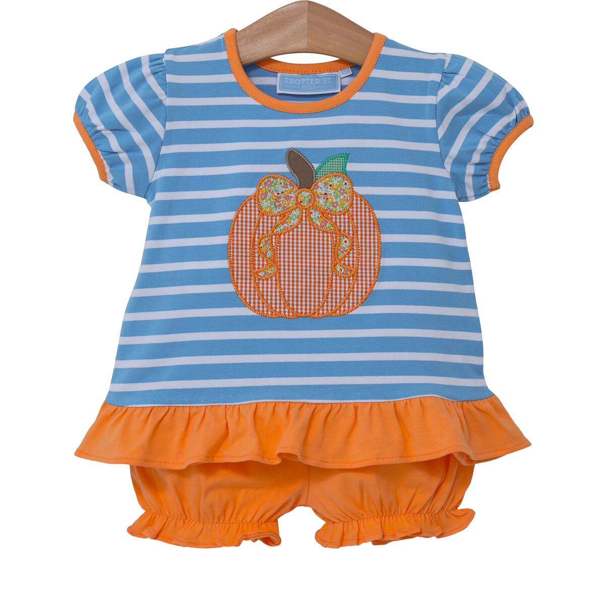 Blue and white stripe shirt with orange ruffle on the bottom and pumpkin applique. orange ruffle bloomers. 