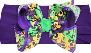 WIDE PANTYHOSE HEADBAND W/ MARDI GRAS- FLEUR DE LIS BOW