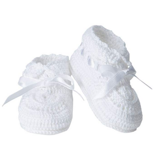 white hand crochet booties with a small white ribbon bow